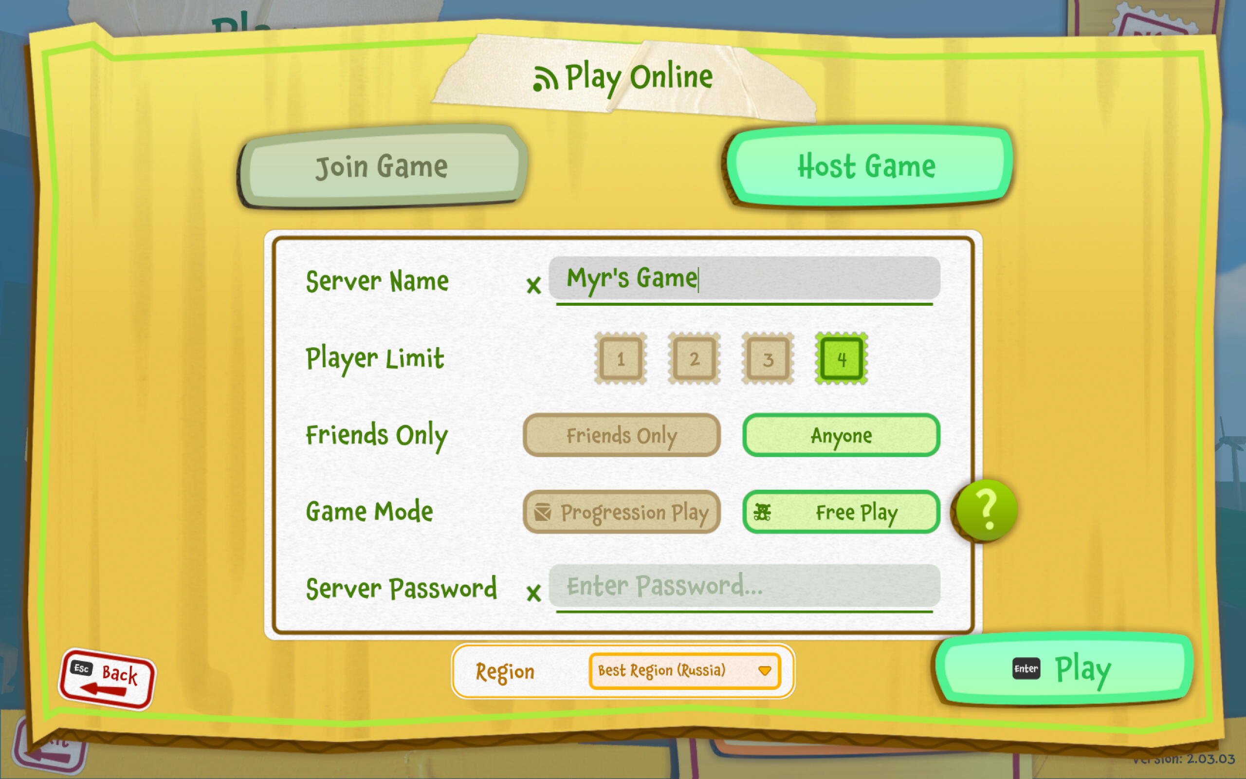 Play Online: Host Game Menu